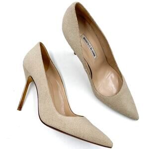 Manolo Blahnik BB Pumps Shimmer Glitter Beige Stiletto Heels Sz 39.5 / 9.5 Women